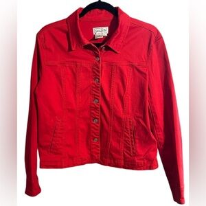 Live A Little Classic Red Denim Jacket. Button Front, size Petite Large